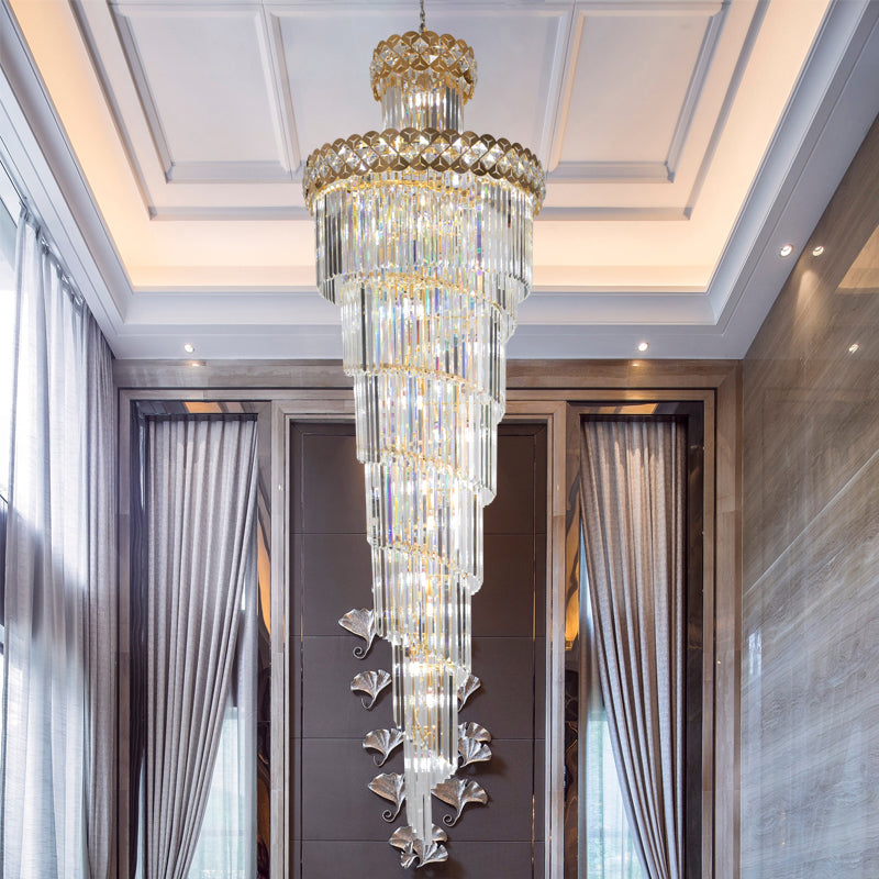 Lámpara de araña de cristal moderna para escalera, lámpara colgante de villa larga, lámpara grande para decoración del hogar, lámpara LED de cristal de acero inoxidable dorado
