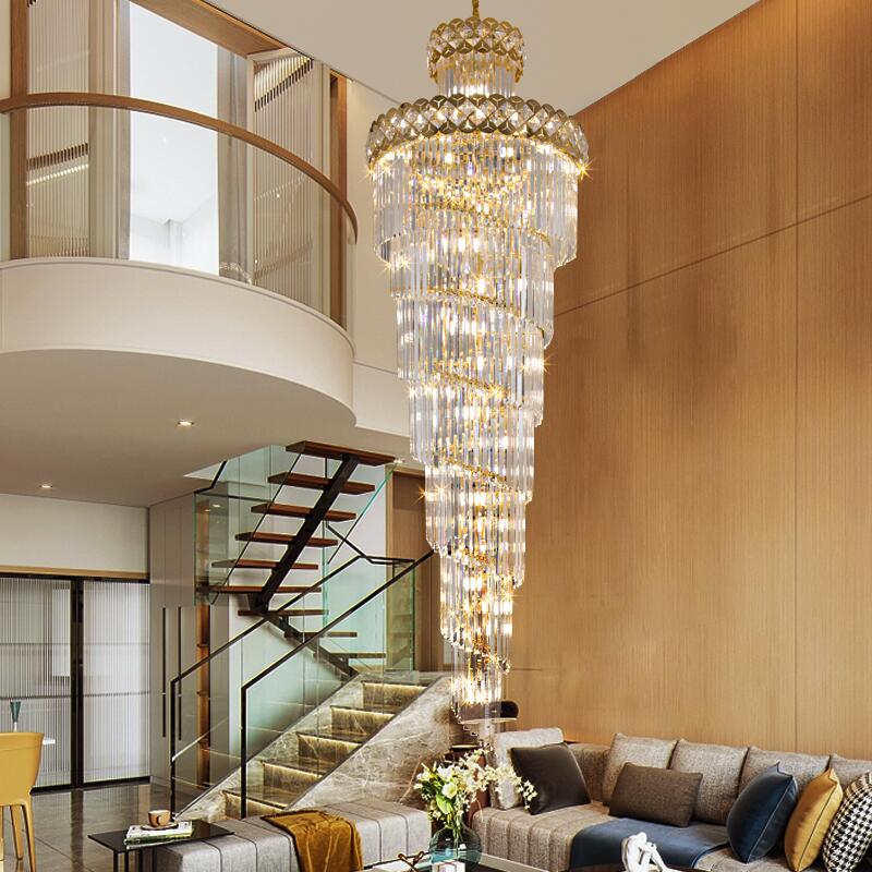 Lámpara de araña de cristal moderna para escalera, lámpara colgante de villa larga, lámpara grande para decoración del hogar, lámpara LED de cristal de acero inoxidable dorado