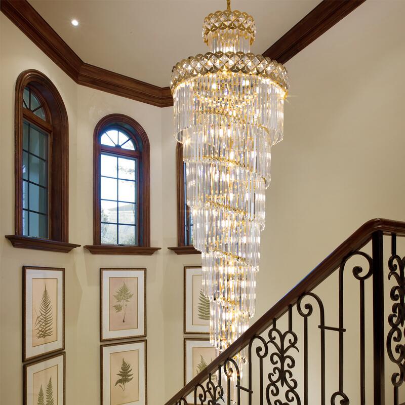 Lámpara de araña de cristal moderna para escalera, lámpara colgante de villa larga, lámpara grande para decoración del hogar, lámpara LED de cristal de acero inoxidable dorado